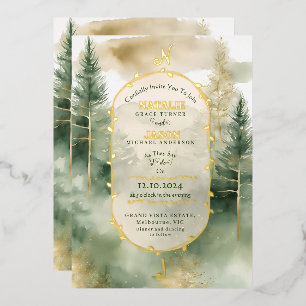 Winter-Kiefer-Wald-Monogramm-Hochzeit Folieneinladung