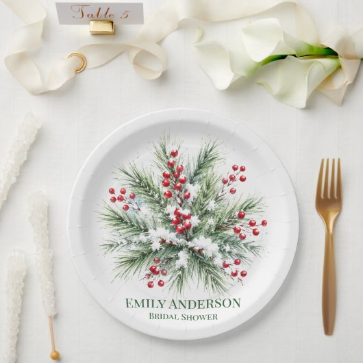 Winter-Kiefern- und Rotbeer-Hochzeitsdusche Pappteller (Hochzeit)