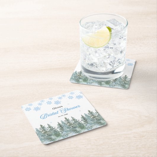 Winter-Kiefernbäume-Schneeblumen-Brautparty Rechteckiger Pappuntersetzer (Vor Ort)