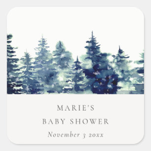 Winter-Kiefernwald-Schneefall-Aquarell-Baby-Party Quadratischer Aufkleber