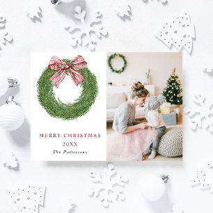Winter Kiefernwald Streifen Red Bow Foto Weihnacht Feiertagspostkarte