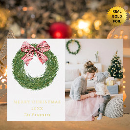 Winter Kiefernwald Streifen Red Bow Foto Weihnacht Folien Feiertagskarte