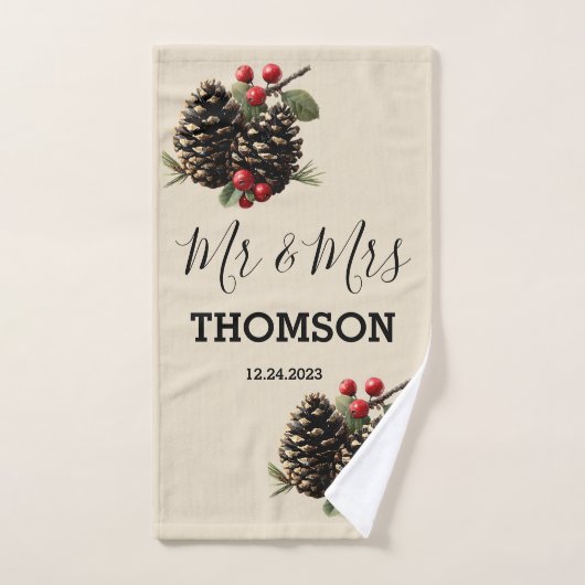 Winter-Kieferzapfen & Beeren-Familien-Wurfkissen Badhandtuch Set (Handtuch)