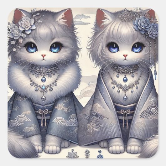 Winter Kimono Princess Cats Quadratischer Aufkleber (Vorderseite)