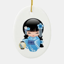 Winter Kokeshi Doll - Blue Kimono Geisha Girl Keramik Ornament