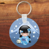 Winter Kokeshi Doll - Blue Kimono Geisha Girl Schlüsselanhänger (Vorderseite)