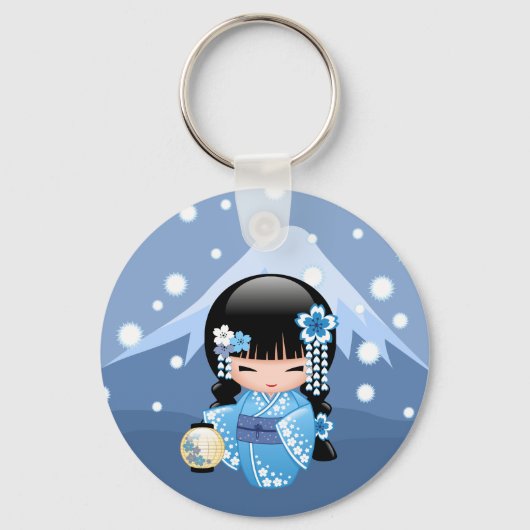 Winter Kokeshi Doll - Blue Kimono Geisha Girl Schlüsselanhänger (Rückseite)