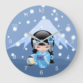 Winter Kokeshi Doll - Blue Mountain Geisha Girl Große Wanduhr