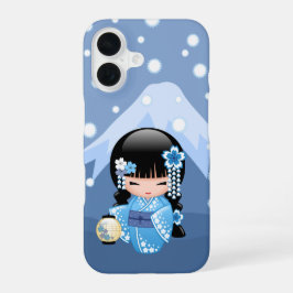 Winter Kokeshi Doll - Blue Mountain Geisha Girl iPhone 16 Hülle