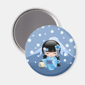 Winter Kokeshi Doll - Blue Mountain Geisha Girl Magnet (Vorderseite/Rückseite)