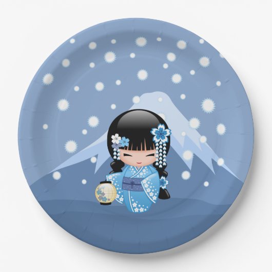 Winter Kokeshi Doll - Blue Mountain Geisha Girl Pappteller (Vorderseite)