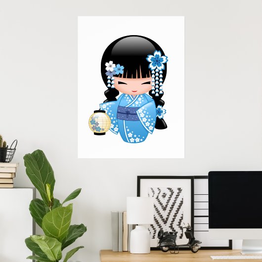 Winter Kokeshi Doll - Blue Mountain Geisha Girl Poster (Heimbüro)