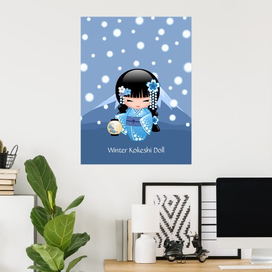 Winter Kokeshi Doll - Blue Mountain Geisha Girl Poster (Heimbüro)