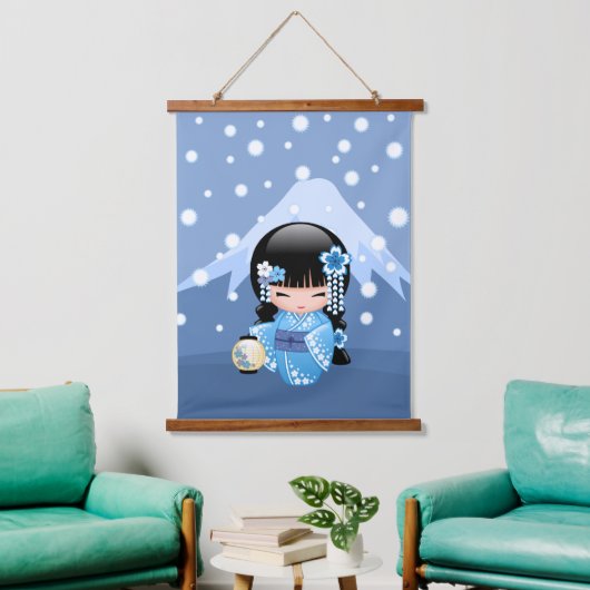 Winter Kokeshi Doll - Blue Mountain Geisha Girl Wandteppich Mit Holzrahmen (Wohnzimmer)