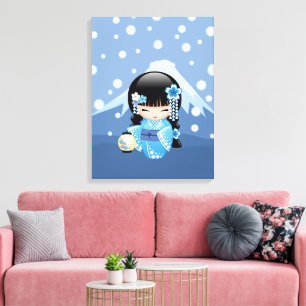 Winter-Kokeshi-Puppe - Blaue Berg-Geisha Leinwanddruck