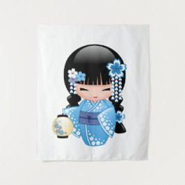 Winter Kokeshi Puppe - blaues Wandteppich