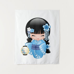 Winter Kokeshi Puppe - blaues Wandteppich