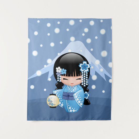 Winter Kokeshi Puppe - blaues Wandteppich (Vorderseite)