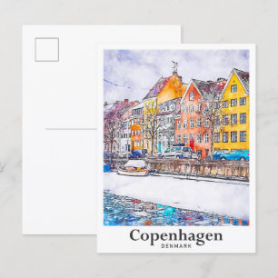 Winter Kopenhagen Dänemark Aquarell Handgezeichnet Postkarte