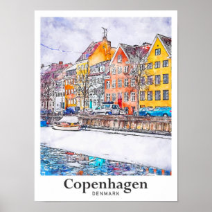 Winter Kopenhagen Dänemark Wasserfarbe Hand gezoge Poster