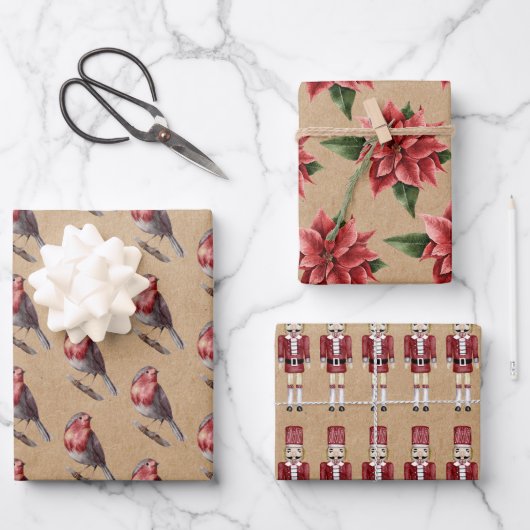 Winter Kraft Robin Nutcracker Poinsettia Geschenkpapier Set (Vorderseite)