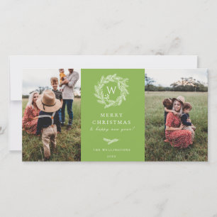 Winter-Kranz-Monogramm-Urlaub 2 Foto-Karte Grün Feiertagskarte