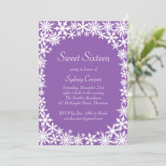 Winter Lace 16 . Geburtstag Einladung - lila (Stehend Vorderseite)