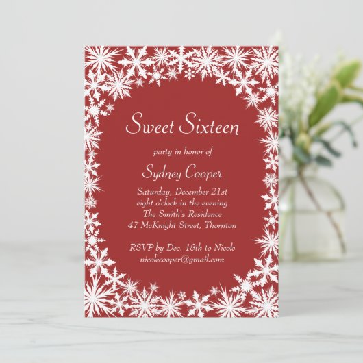 Winter Lace 16 . Geburtstag Einladung - Rot (Stehend Vorderseite)