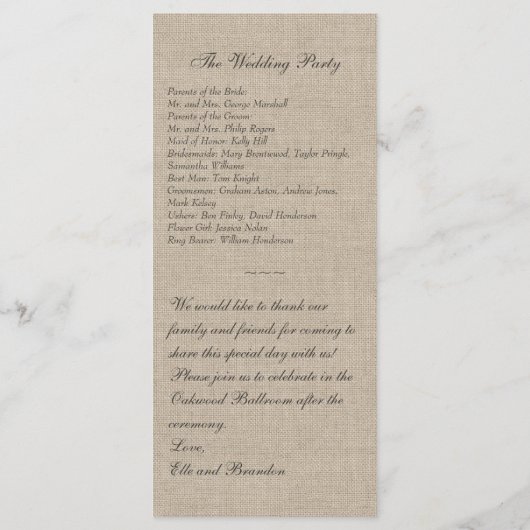 Winter Lace on Burlap Wedding Programm (Rückseite)