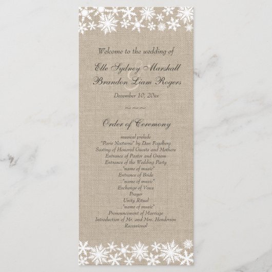 Winter Lace on Burlap Wedding Programm (Vorderseite)
