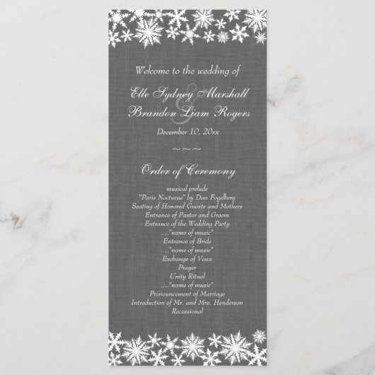 Winter Lace on Gray Linen Wedding Program Programm (Vorderseite)