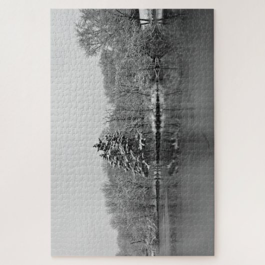 Winter Lake Serene Szene Schwarz, Weiße Fotografie Puzzle (Vertikal)