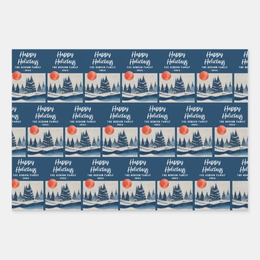 Winter Landscape Forest Moon Navy Blue Drawing  Geschenkpapier Set (Vorderseite)