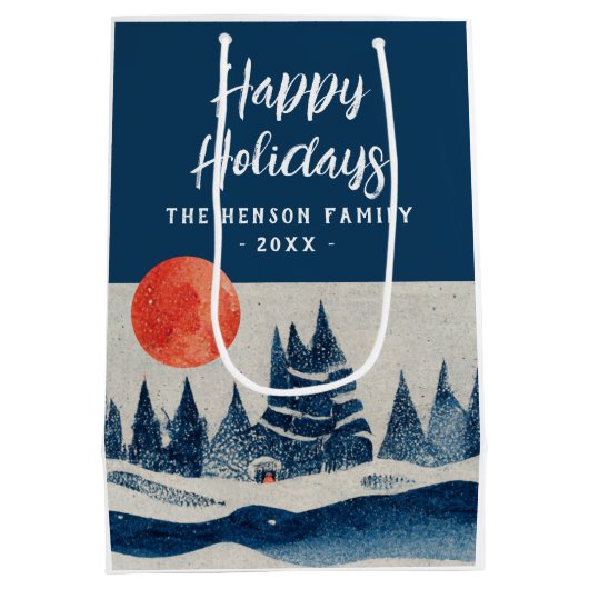 Winter Landscape Forest Moon Navy Blue Drawing Mittlere Geschenktüte (Rückseite)
