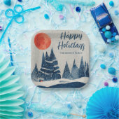 Winter Landscape Forest Moon Navy Blue Drawing Pappteller (Party)