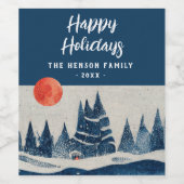 Winter Landscape Forest Moon Navy Blue Drawing Weinetikett (Einzelnes Label)