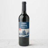 Winter Landscape Forest Moon Navy Blue Drawing  Weinetikett (Vorderseite)