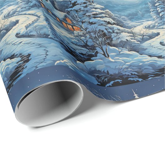 Winter Landscape Log Cabin Pine Trees River Geschenkpapier (Rolleneckpunkt)