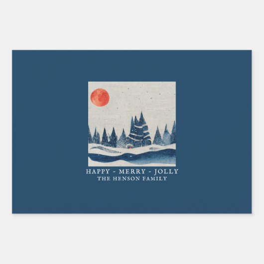 Winter Landschaft Forest Moon Navy Blau Zeichnend Geschenkpapier Set (Vorderseite)