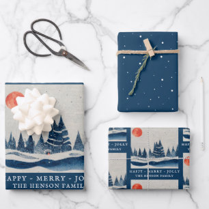 Winter Landschaft Forest Moon Navy Blau Zeichnend Geschenkpapier Set