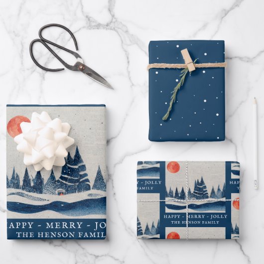 Winter Landschaft Forest Moon Navy Blau Zeichnend Geschenkpapier Set (Vorderseite)