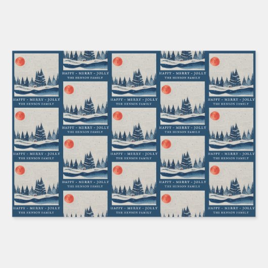 Winter Landschaft Forest Moon Navy Blau Zeichnend Geschenkpapier Set (Vorderseite 3)