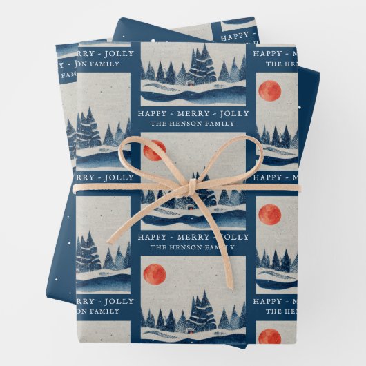Winter Landschaft Forest Moon Navy Blau Zeichnend Geschenkpapier Set (Beispiel)