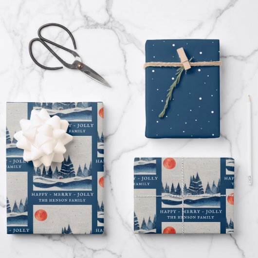 Winter Landschaft Forest Moon Navy Blau Zeichnend Geschenkpapier Set (Vorderseite)