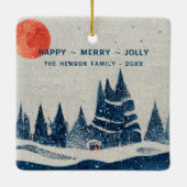 Winter Landschaft Forest Moon Navy Blau Zeichnend Keramikornament (Rückseite)