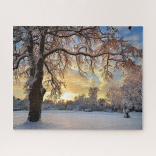 Winter Landschaft im Grünen bei Sonnenuntergang Puzzle