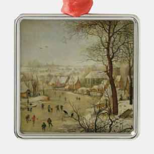 Winter-Landschaft mit Vogel-Falle (Öl auf Platte) Silbernes Ornament