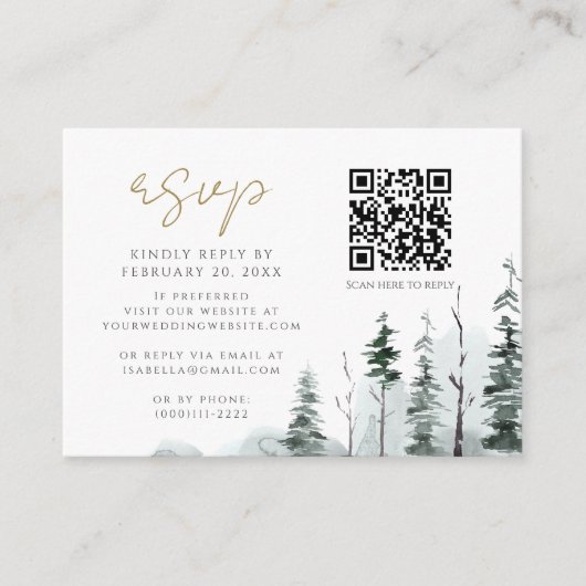 Winter Landschaft Pine Forest QR Code Hochzeit RSV Begleitkarte (Vorderseite)