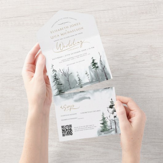 Winter-Landschaft Waldland Hochzeit QR-Code All In One Einladung (Abreißen)