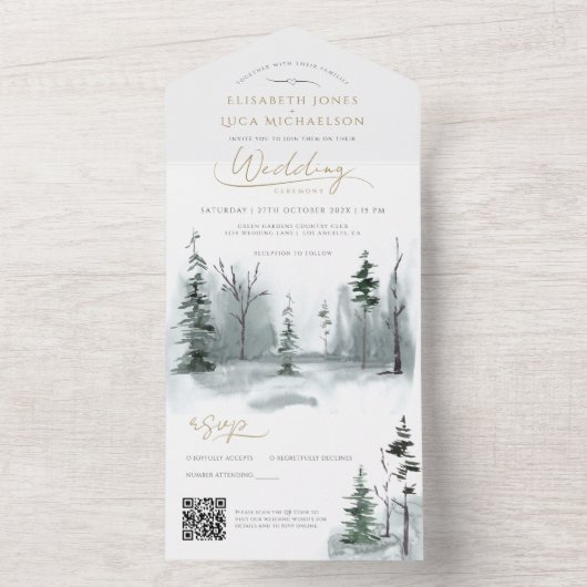 Winter-Landschaft Waldland Hochzeit QR-Code All In One Einladung (Innen Boden)